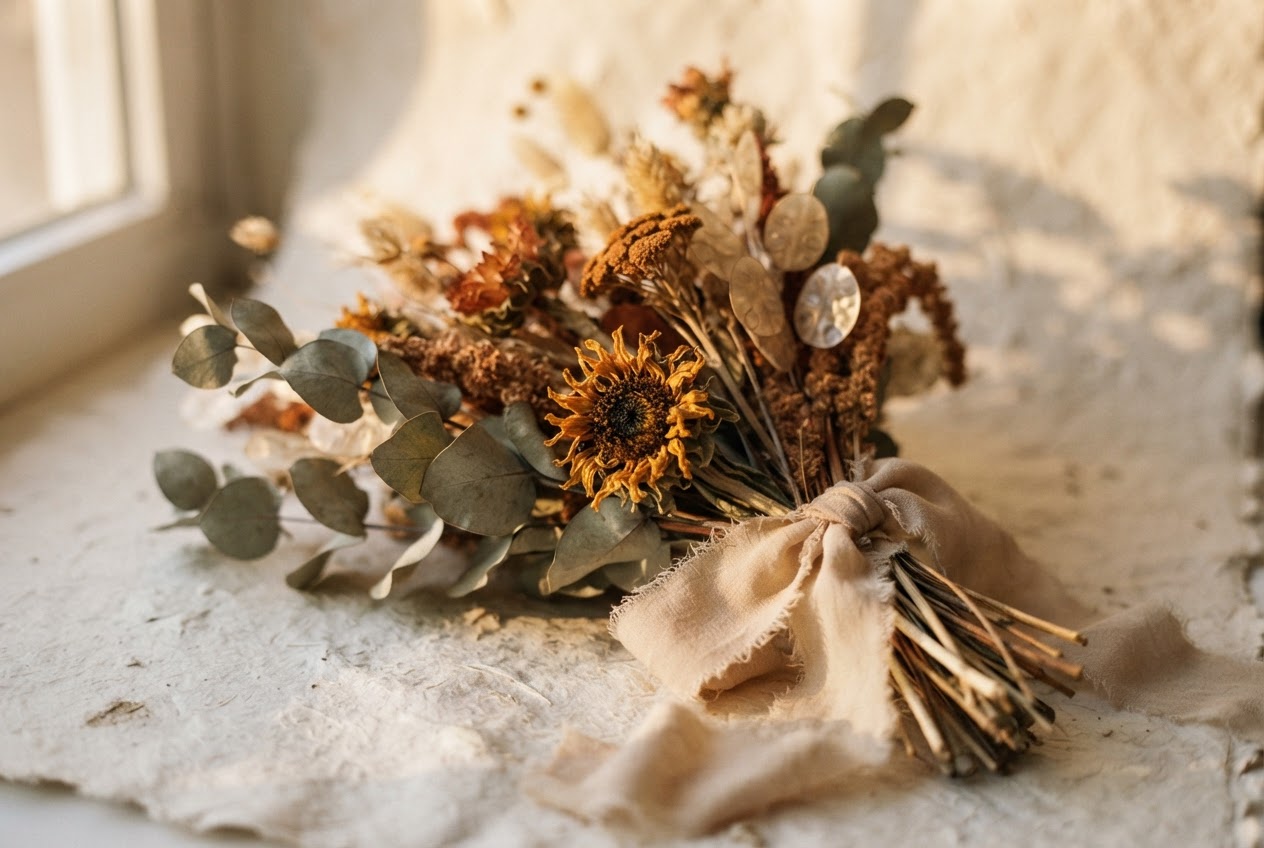 Dried eucalyptus and sunflowers tied with silk ribbon