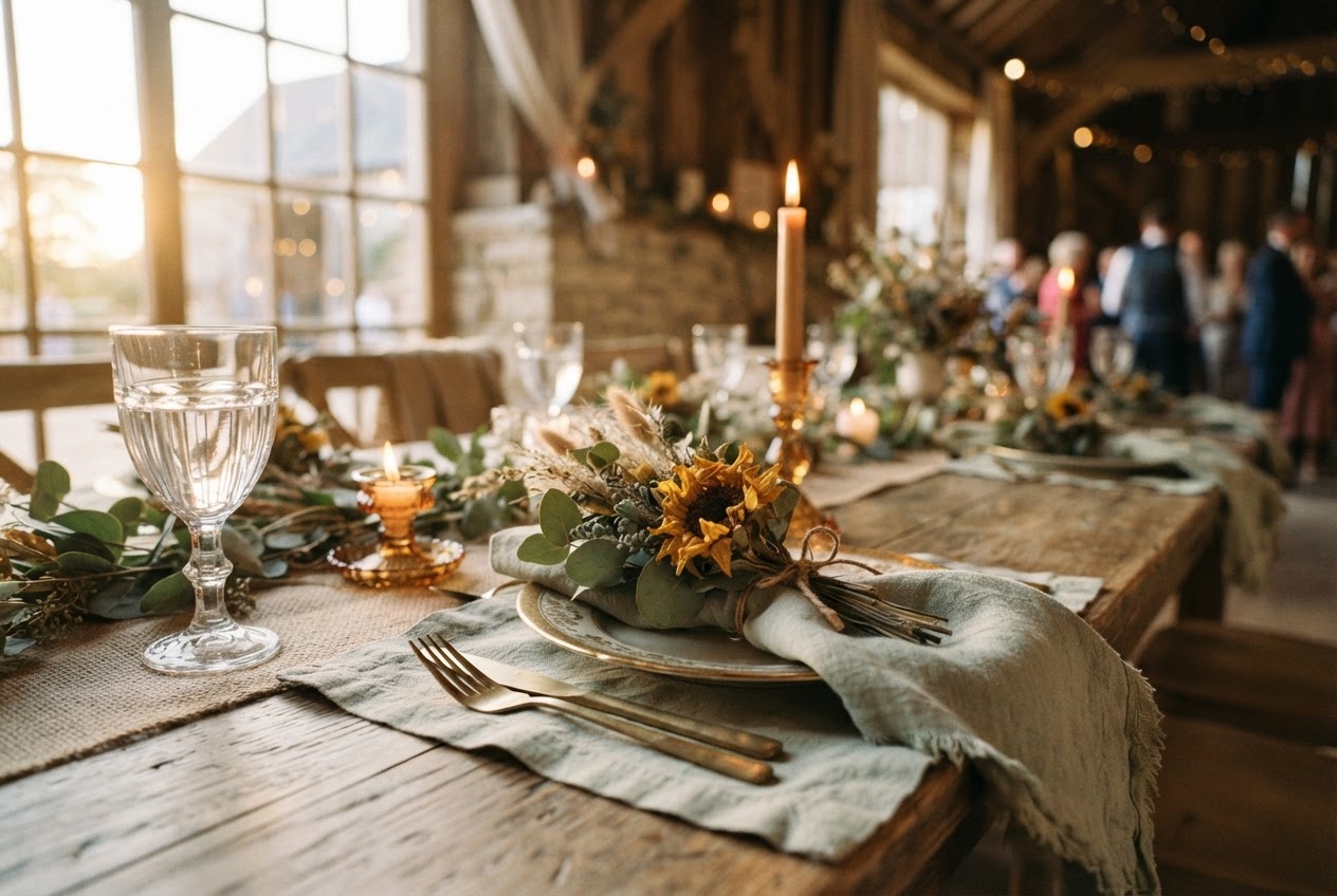 Table setting with sage foliage and dried sunflowers